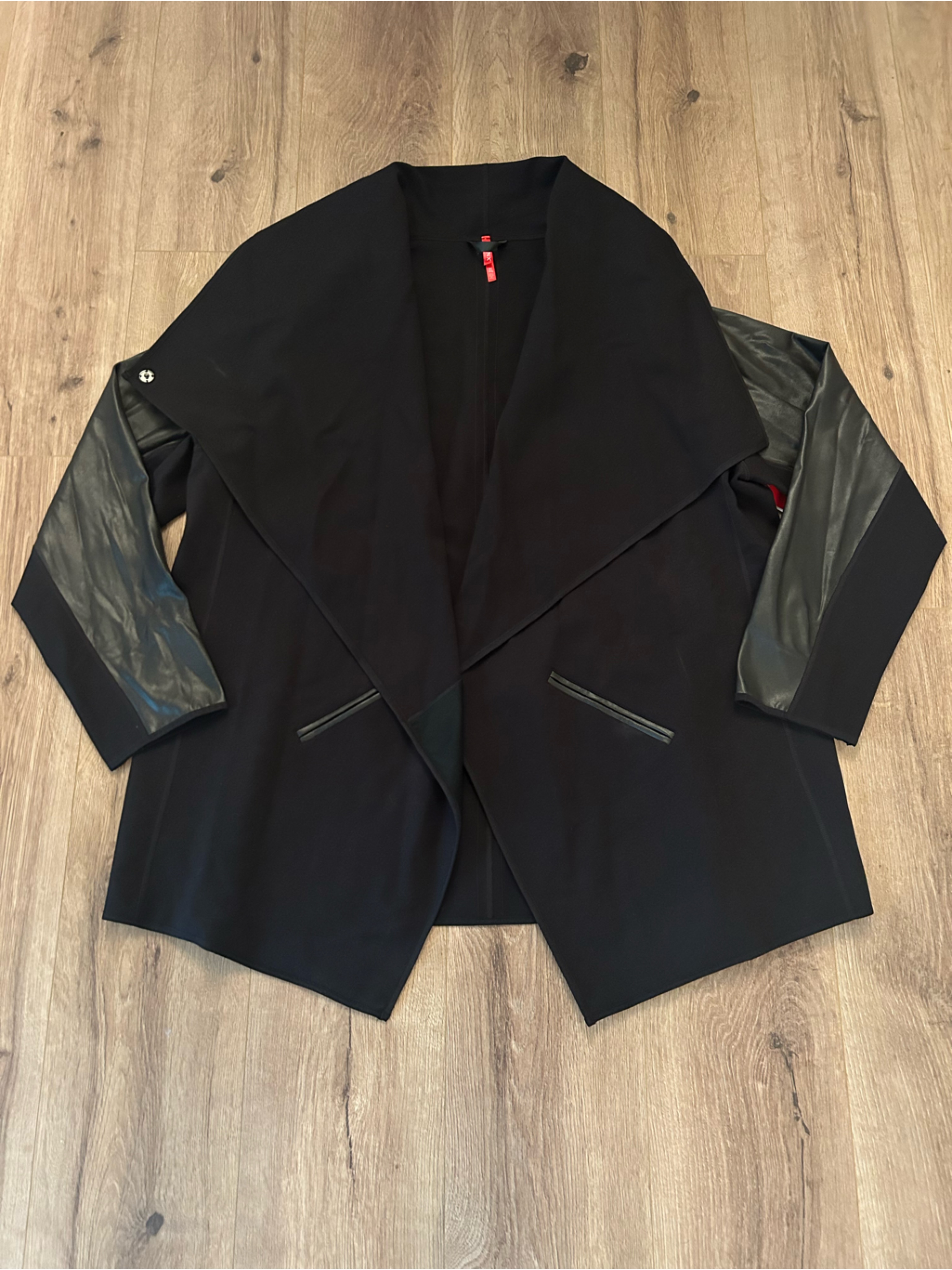 Spanx Black Open-Front Blazer With Faux-Leather Sleeve Panels
